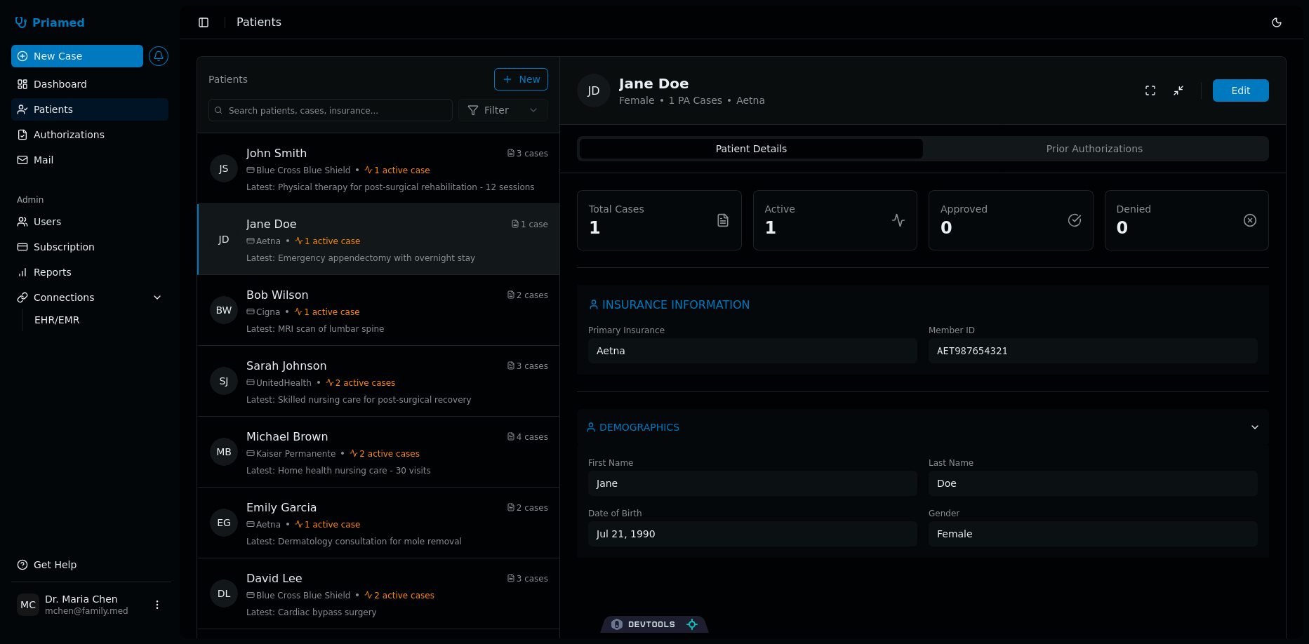 Screenshot of Priamed Platform Dashboard